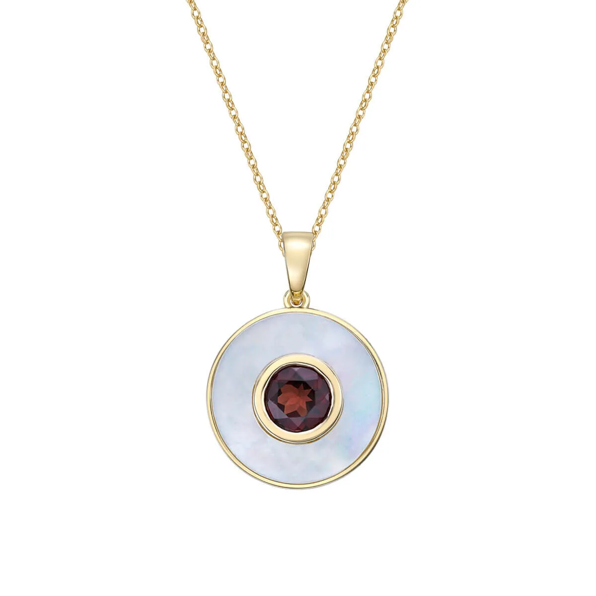 10K Yellow Gold Garnet & Mother of Pearl Round Pendant with 17-18" Chain