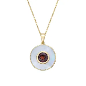 10K Yellow Gold Garnet & Mother of Pearl Round Pendant with 17-18" Chain