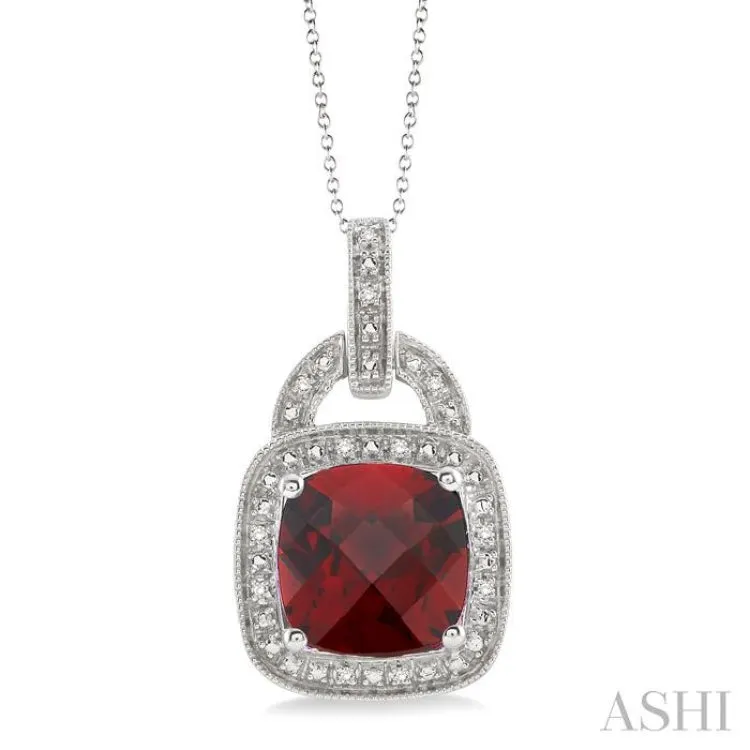 10x10mm Cushion Cut Garnet and 1/20 Ctw Single Cut Diamond Pendant in Sterling Silver with Chain