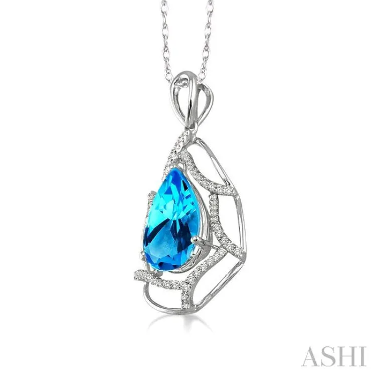 10x7mm Pear Shape Blue Topaz and 1/5 Ctw Round Cut Diamond Pendant in 14K White Gold with Chain