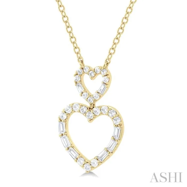 1/3 ctw Twin Heart Fusion Baguette and Round Cut Diamond Necklace in 10K Yellow Gold