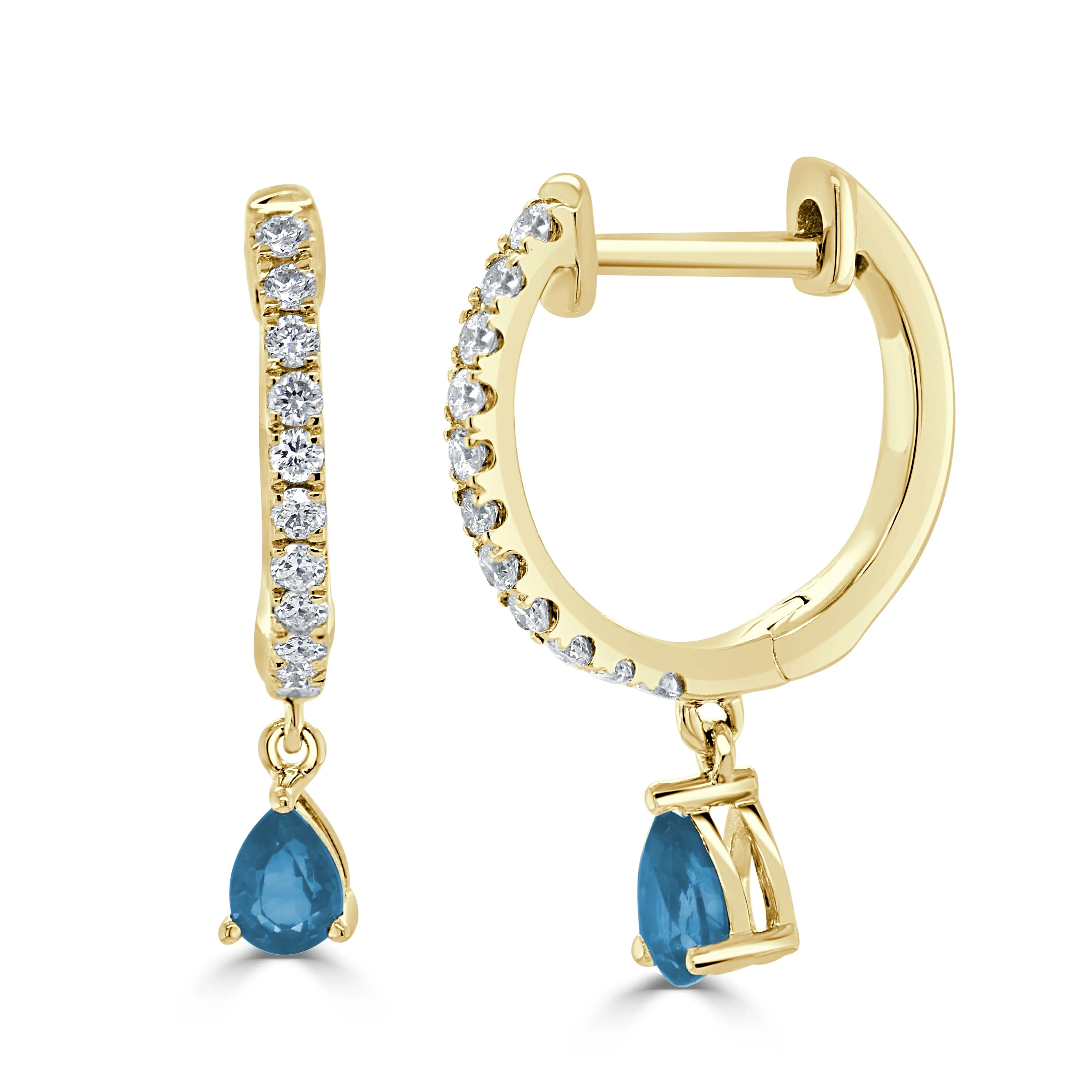 14K Gold Blue Topaz & Diamond Dangle Huggie Earrings