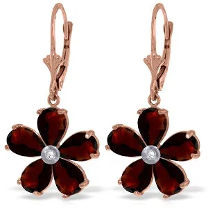 14K Solid Rose Gold Leverback Earrings w/ Garnets & Diamonds