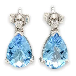 14K W Gold 3.30cttw Blue Topaz & 0.02cttw H/SI2 Diamond Drop Earrings