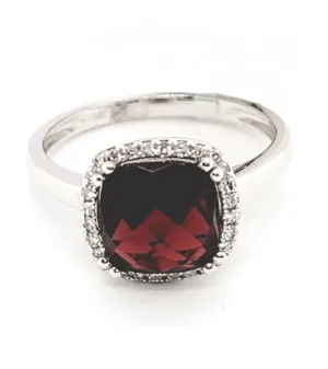 14k White Gold Garnet and 0.10Ct Diamond Ring