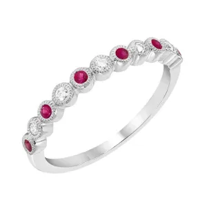 14k White Gold Round Alternating Genuine Diamond And Ruby Anniversary Ring