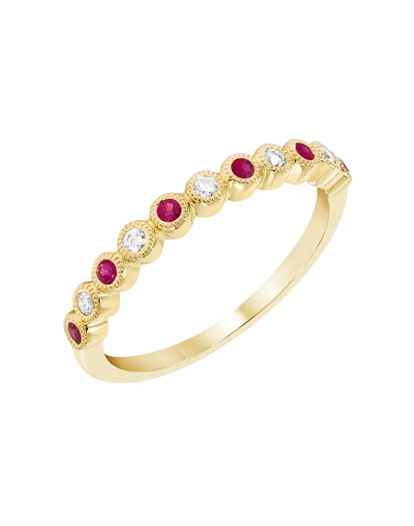 14k White Gold Round Alternating Genuine Diamond And Ruby Anniversary Ring