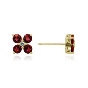 14K YELLOW GOLD GARNET AND DIAMOND FLOWER STUD EARRINGS