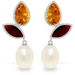 16 Carat 14K Solid White Gold Earrings Citrine, Garnet Pearl