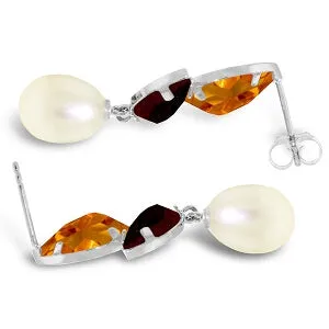 16 Carat 14K Solid White Gold Earrings Citrine, Garnet Pearl