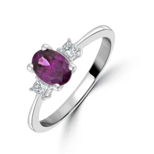 18ct White Gold Oval Purple Garnet & Diamond Trilogy Ring