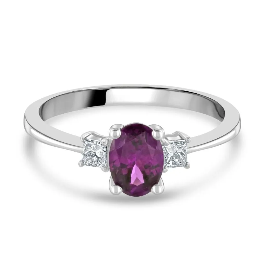 18ct White Gold Oval Purple Garnet & Diamond Trilogy Ring