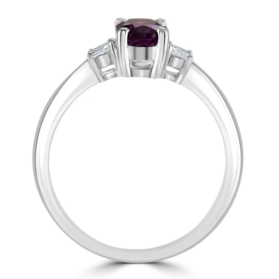 18ct White Gold Oval Purple Garnet & Diamond Trilogy Ring