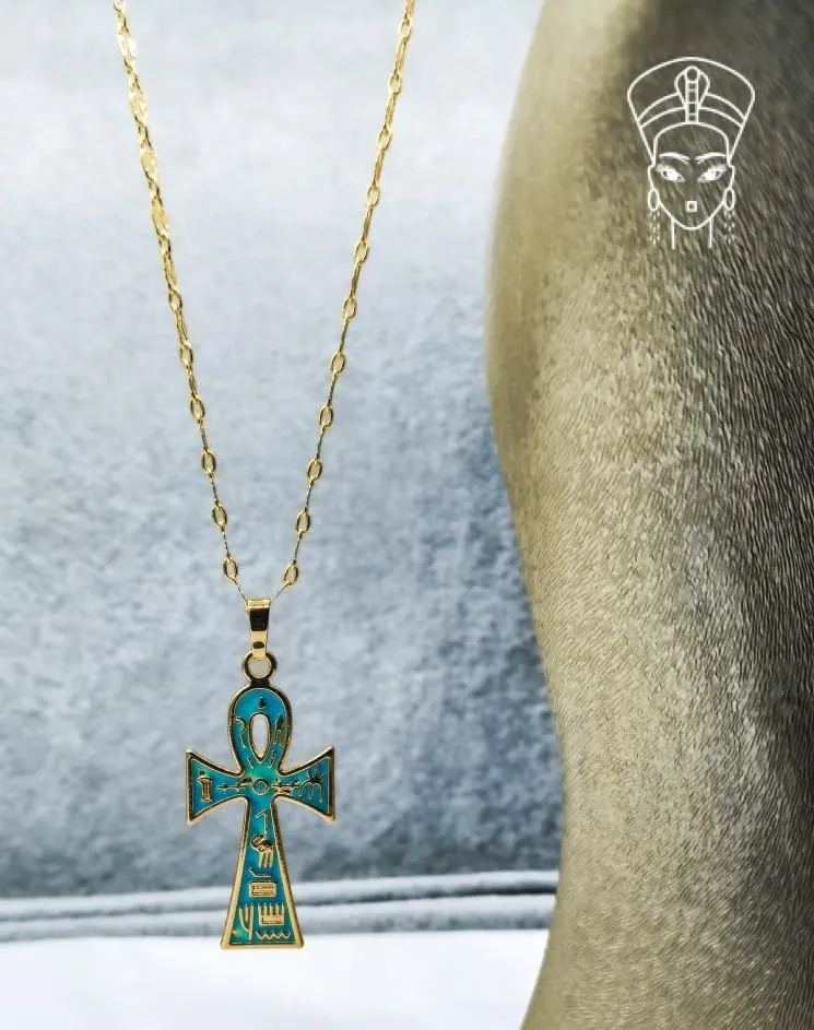 18K Gold Plated Original Key To Life Ankh Cross Pendant Necklace unisex /80% Pure Copper Extracted from Sinai/HandMade/Rustproof/Symbol of Protection/Egyptian Jewelry Gift for Women/Men blue.