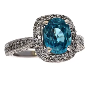 18K White Gold Oval Blue Zircon & Diamond Ring