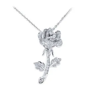 18K White Gold Rose Pendant Necklace With Diamonds