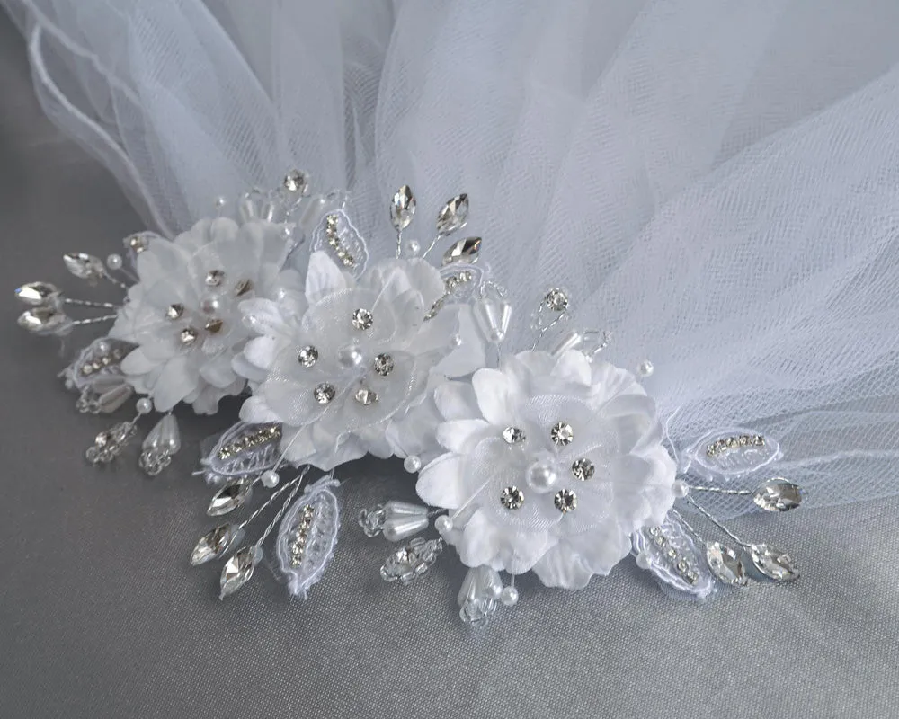 24" Veil - Silk & Organza flowers with pearls & rhinestones