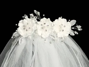 24" Veil - Silk & Organza flowers with pearls & rhinestones