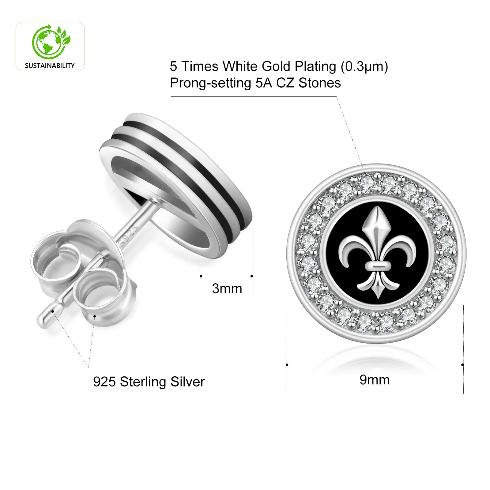 9mm Fleur de lis Iced Diamond CZ Stud Earrings for Men