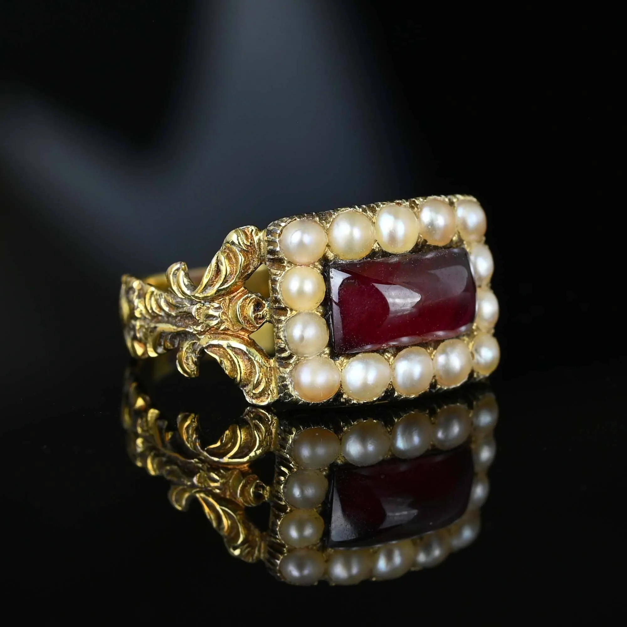 Antique Georgian 15K Gold Pearl Cluster Garnet Ring