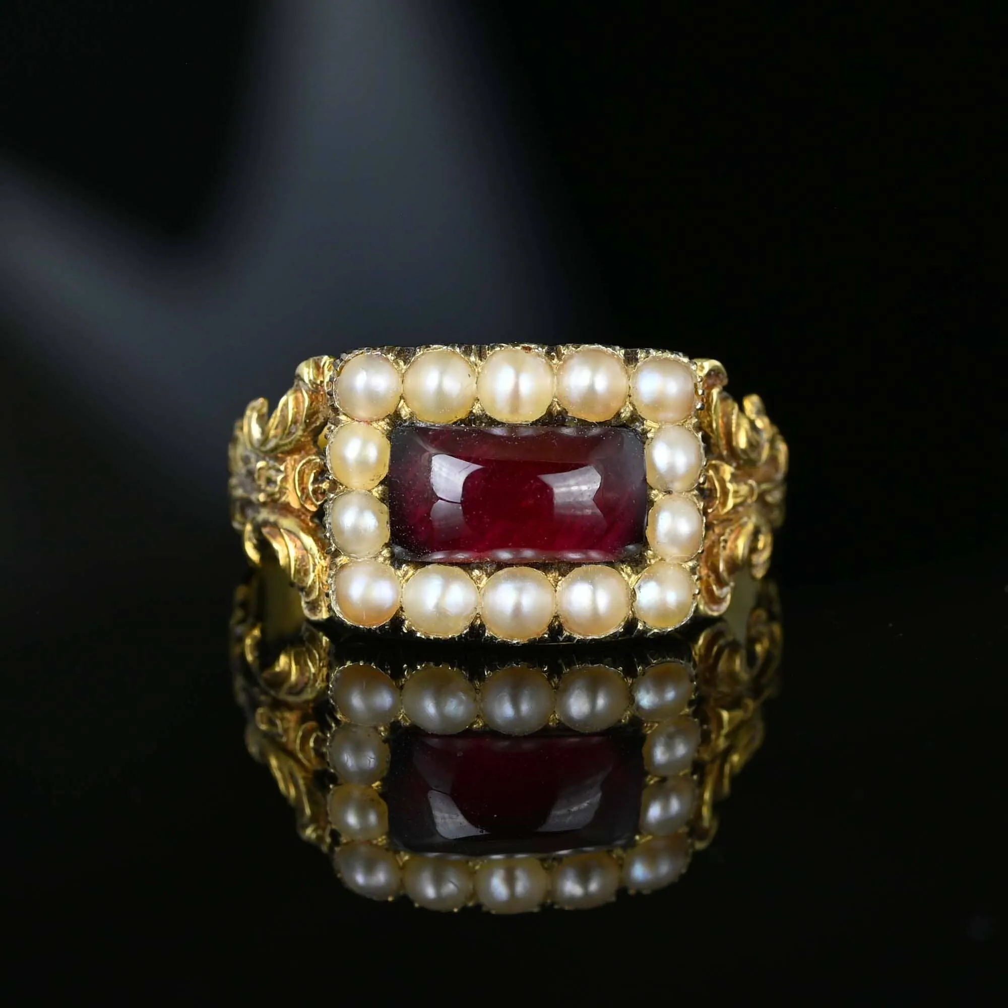 Antique Georgian 15K Gold Pearl Cluster Garnet Ring