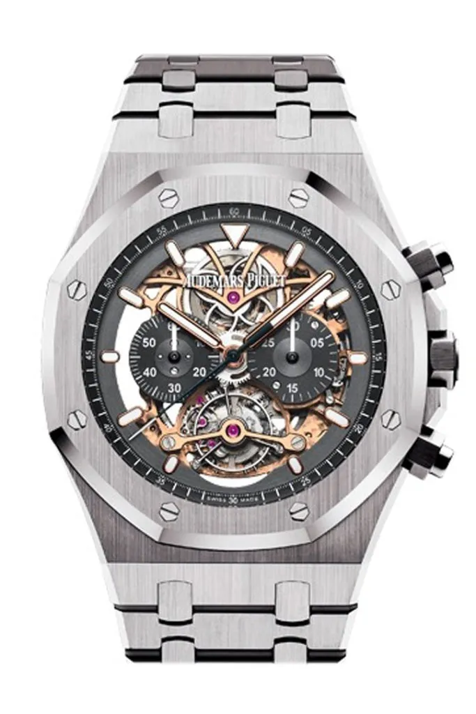 Audemars Piguet Royal Oak 44mm Tourbillon Chronograph Openworked Rhodium Dial Titanium Mens Watch 26347TI.OO.1205TI.01