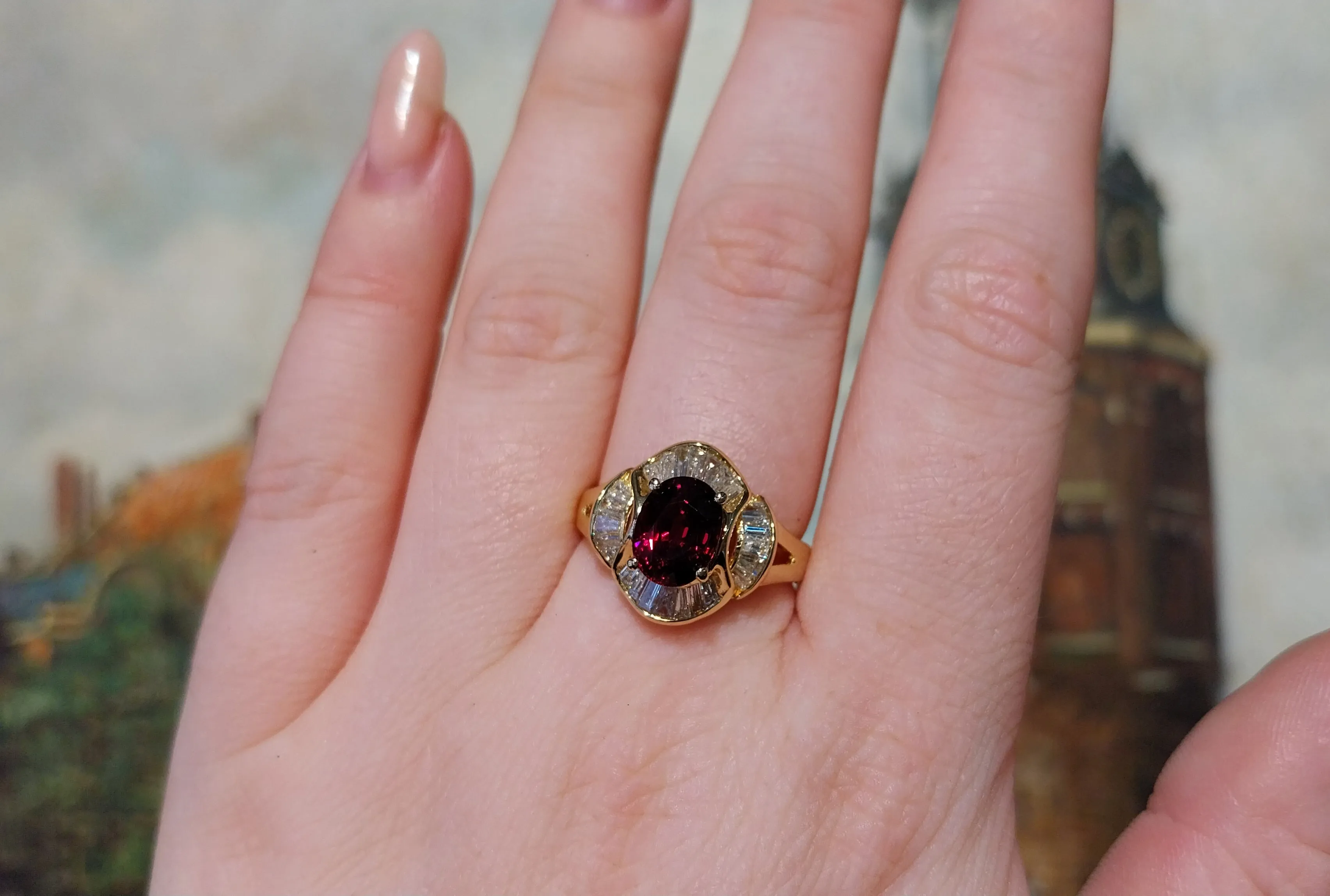 Baguette cut diamond ring with garnet