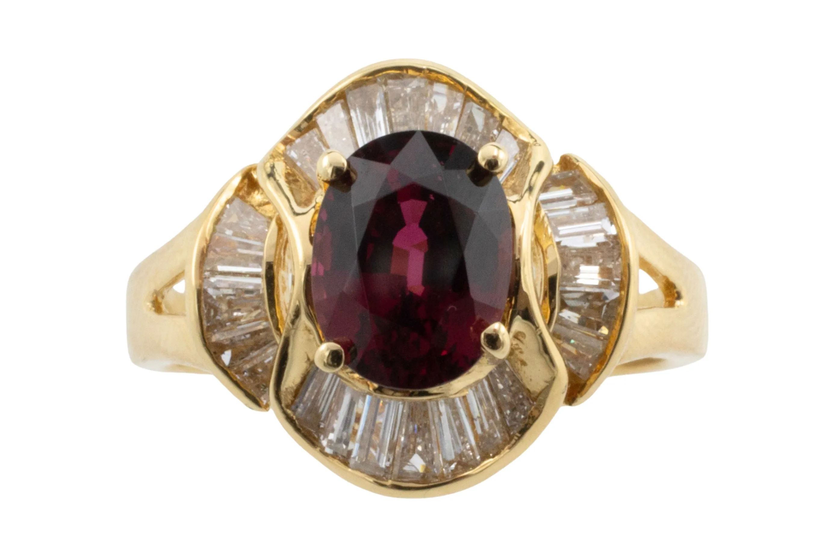 Baguette cut diamond ring with garnet