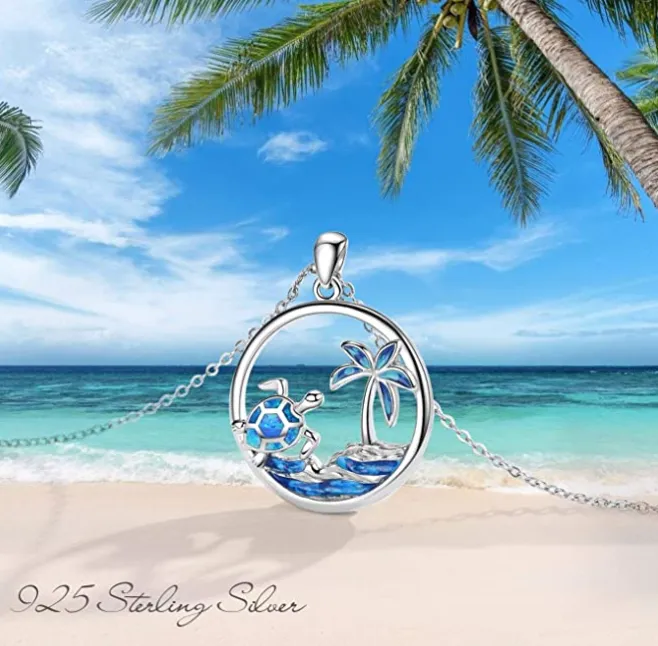 Blue Opal Sea Turtle Palm Tree Necklace Pendant Tortoise Beach Jewelry Gift 925 Sterling Silver Chain 20in.