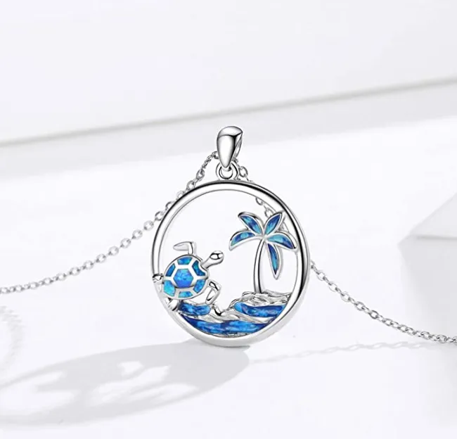 Blue Opal Sea Turtle Palm Tree Necklace Pendant Tortoise Beach Jewelry Gift 925 Sterling Silver Chain 20in.