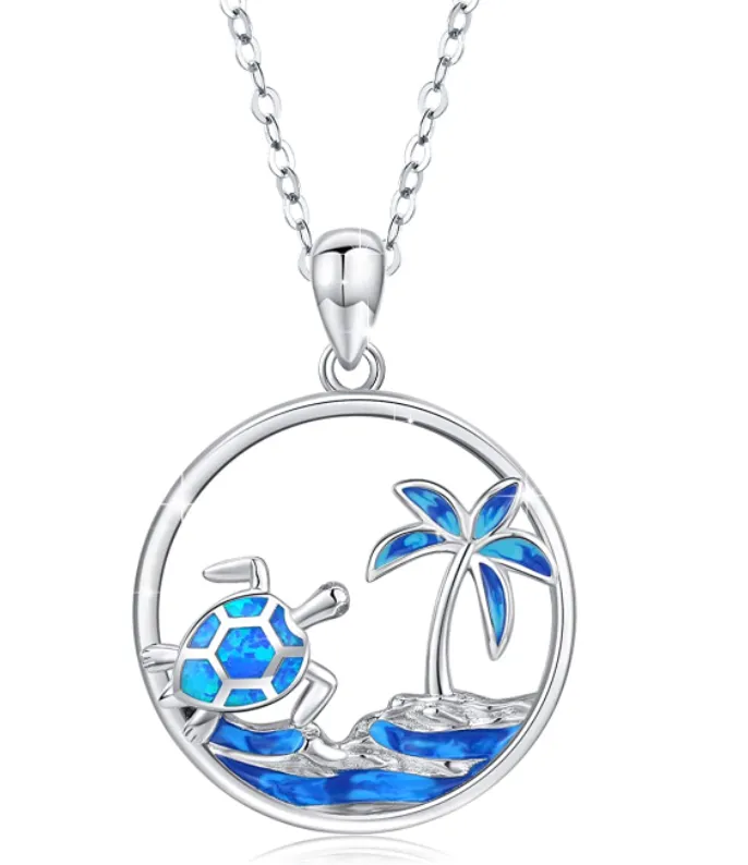 Blue Opal Sea Turtle Palm Tree Necklace Pendant Tortoise Beach Jewelry Gift 925 Sterling Silver Chain 20in.