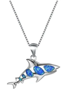 Blue Opal Shark Necklace Pendant Shark Charm White Opal Birthday Gift 925 Sterling Silver Chain 18in.