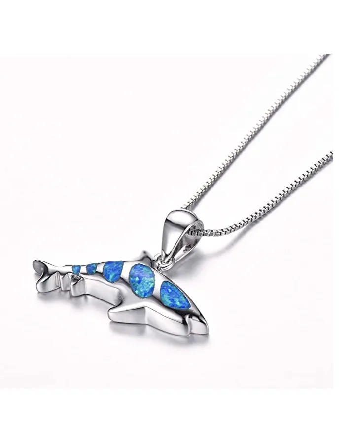 Blue Opal Shark Necklace Pendant Shark Charm White Opal Birthday Gift 925 Sterling Silver Chain 18in.