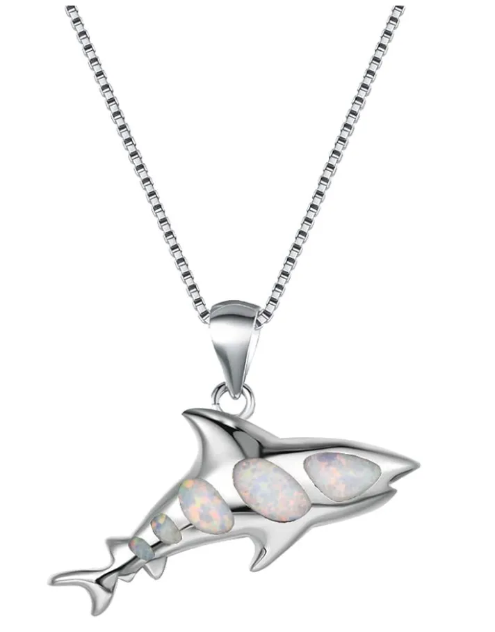 Blue Opal Shark Necklace Pendant Shark Charm White Opal Birthday Gift 925 Sterling Silver Chain 18in.