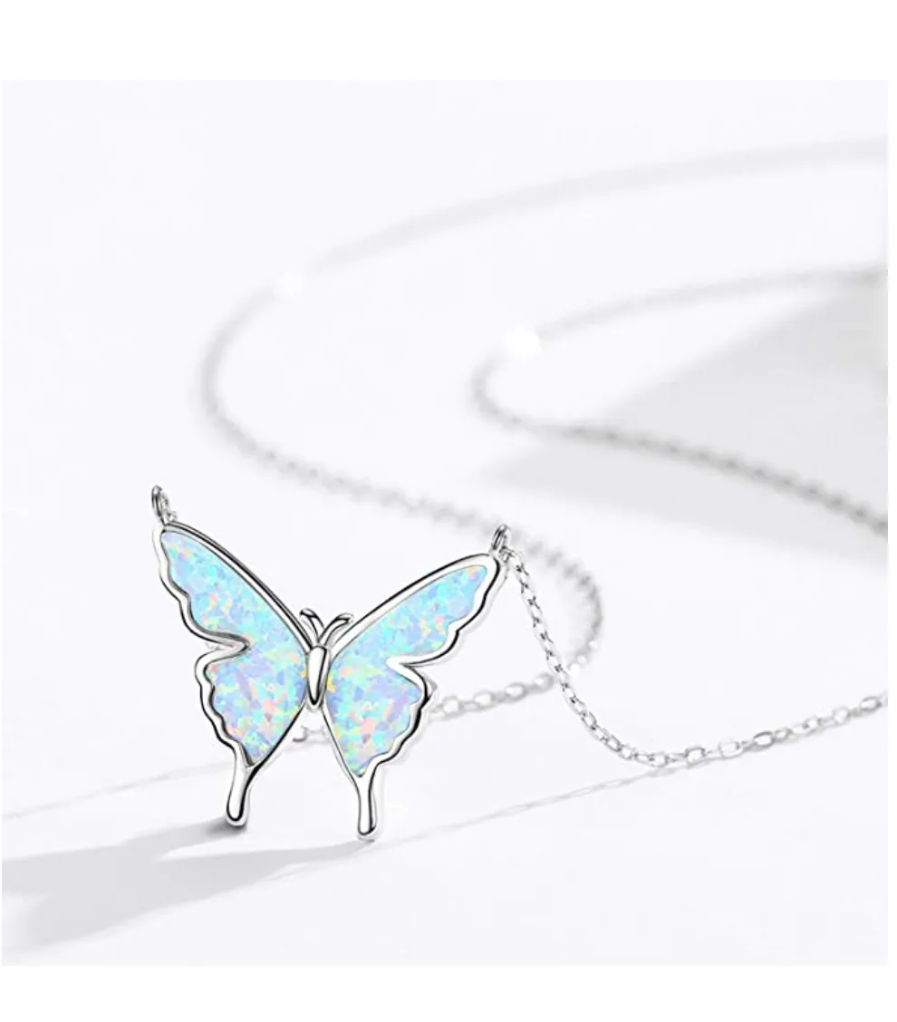 Butterfly Necklace Created Blue Opal Butterfly Pendants Jewelry Chain Birthday Gift 925 Sterling Silver 18in.