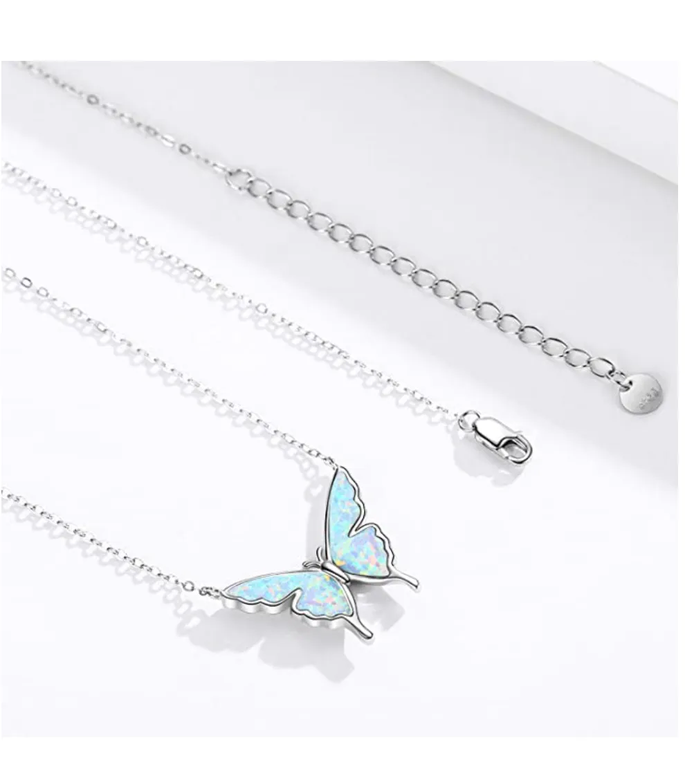 Butterfly Necklace Created Blue Opal Butterfly Pendants Jewelry Chain Birthday Gift 925 Sterling Silver 18in.