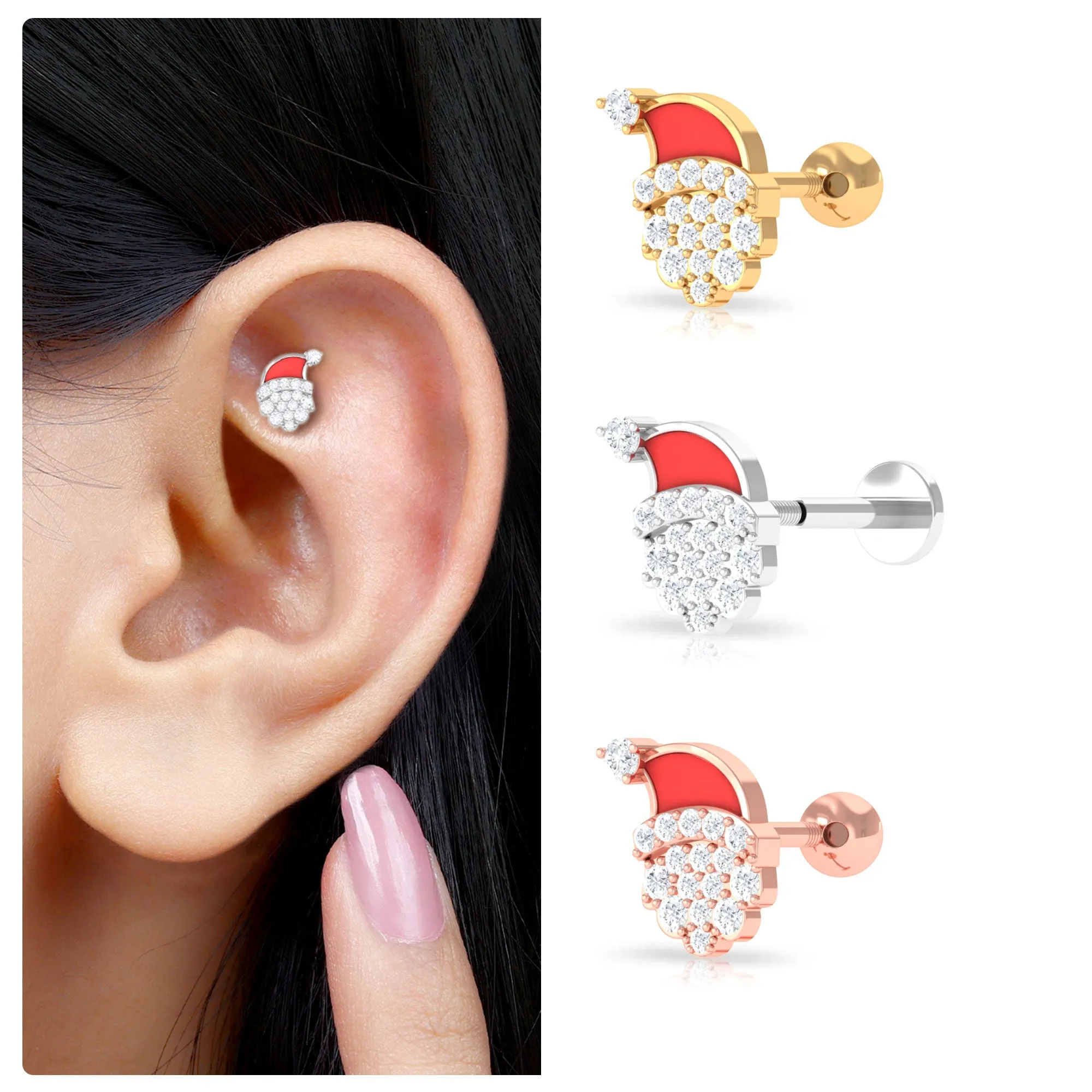 Certified Moissanite Xmas Santa Helix Earring with Red Enamel