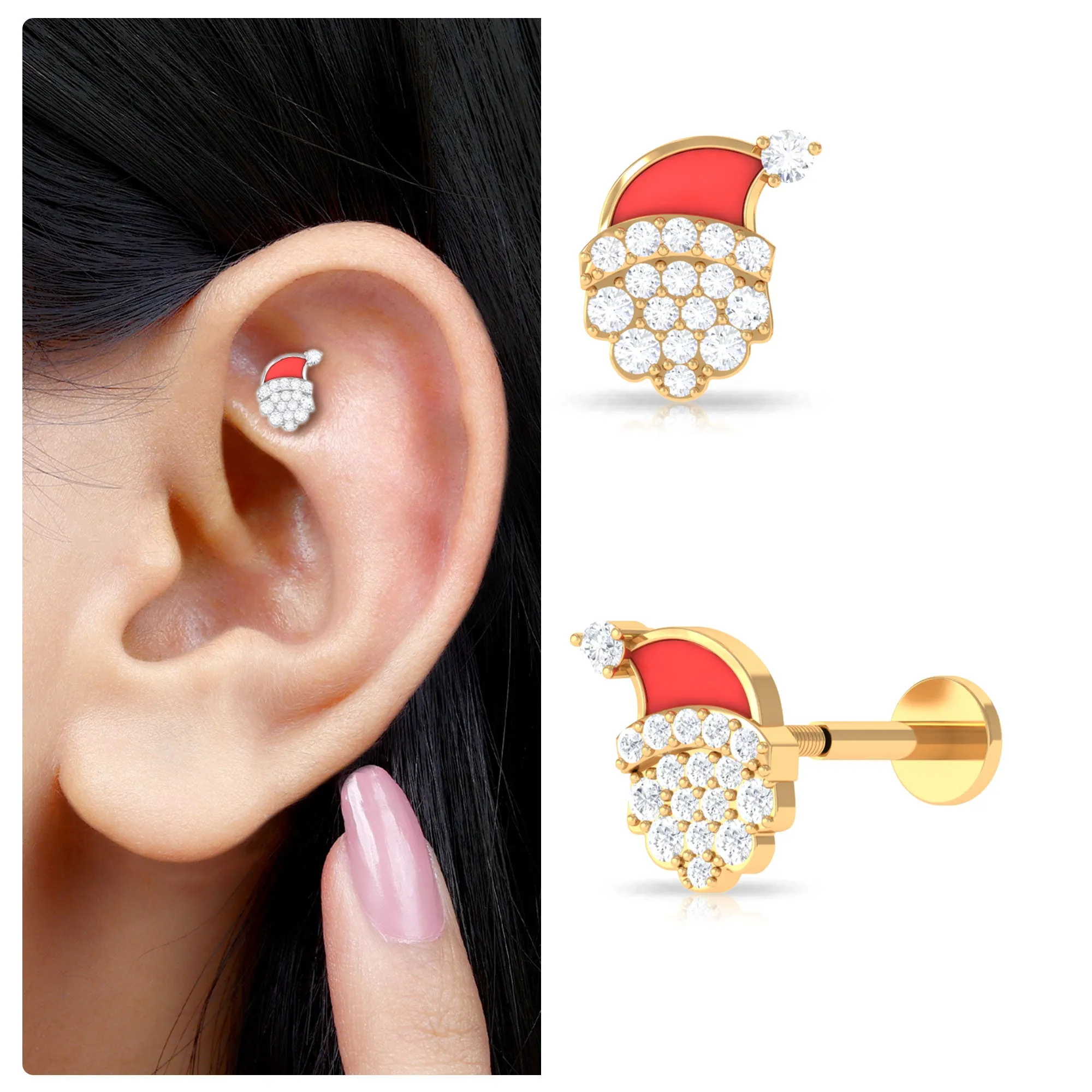 Certified Moissanite Xmas Santa Helix Earring with Red Enamel