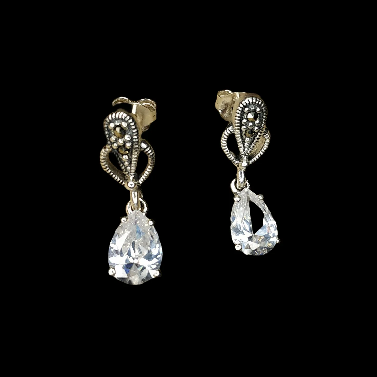 Clear Crystal Earrings Teardrop Silver Marcasite