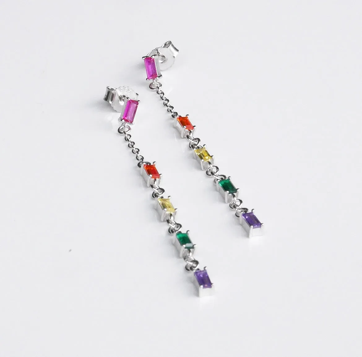 Color Me In Rainbow Baguette Drop Down .925 Sterling Silver Earrings