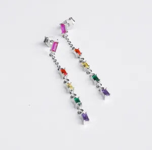 Color Me In Rainbow Baguette Drop Down .925 Sterling Silver Earrings