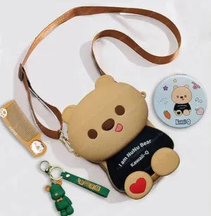 Cute Bear Combo For Kids With Mirror, Comb and Silicon Keychain - Black