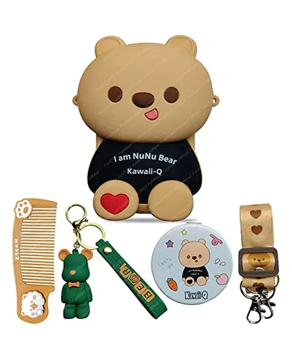 Cute Bear Combo For Kids With Mirror, Comb and Silicon Keychain - Black