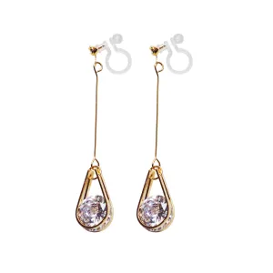 Dangle Gold Teardrop Cubic Zirconia Crystal Invisible Clip On Earrings