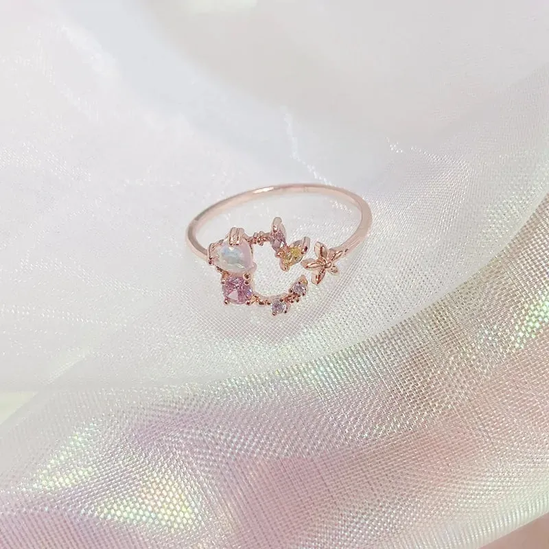 Delicate Zircon Heart Moon Adjustable Ring: Fashionable Korean Style Jewelry for Women