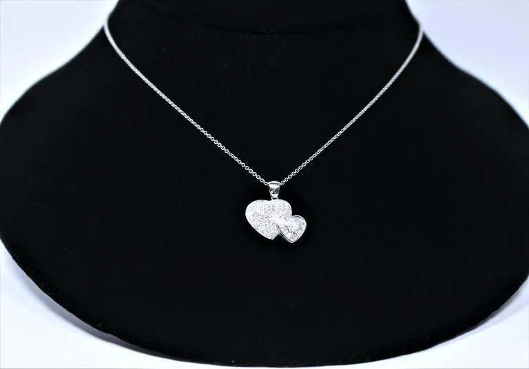 DIAMOND Double Heart Pendant 18 Karat White Gold Necklace