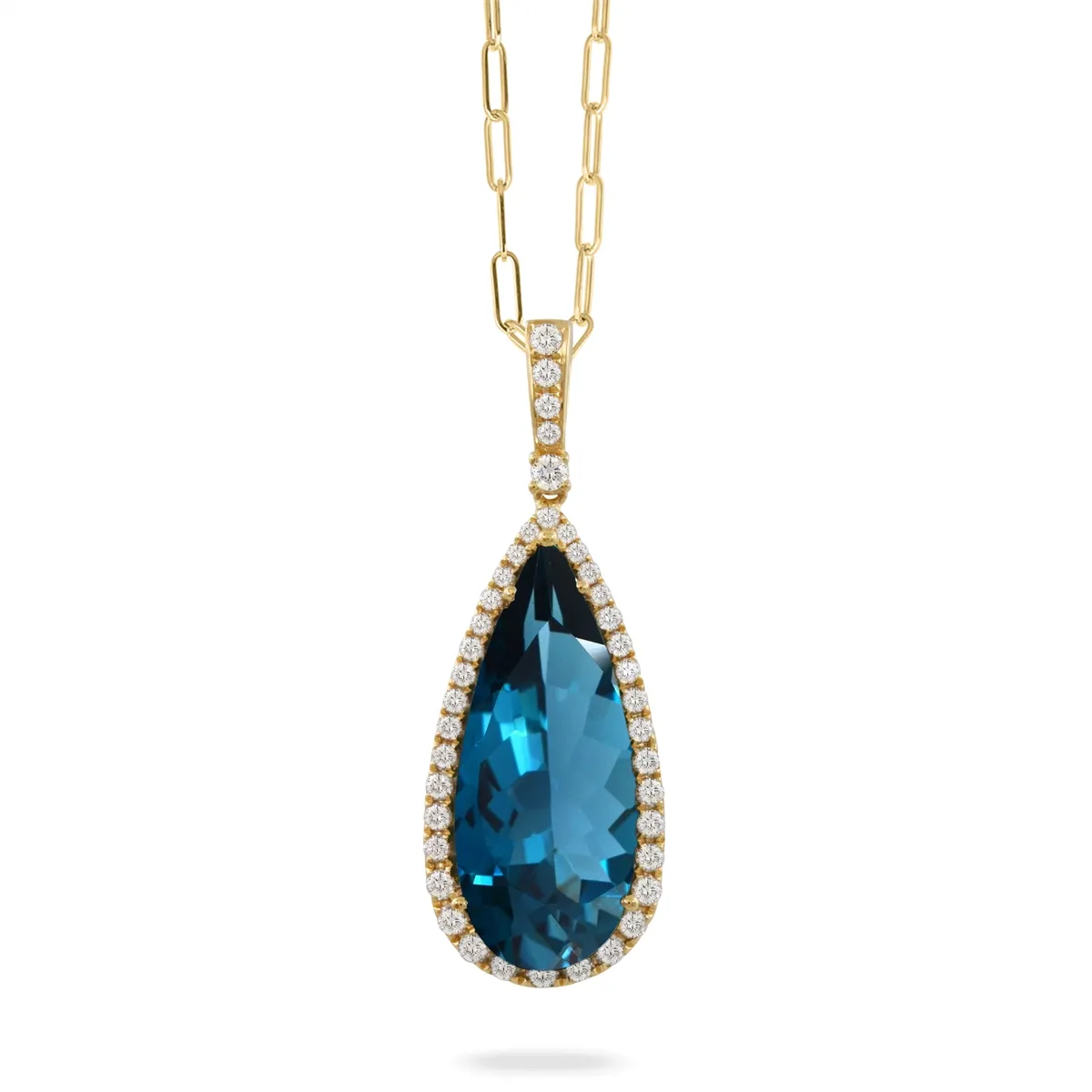 Doves 18K Yellow Gold Elongated Pear London Blue Topaz with Diamond Halo Pendant