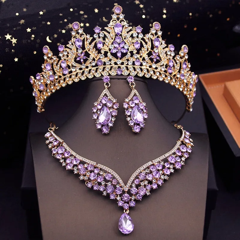 Fashion Colors Bridal Jewelry Sets With Tiaras Princess Wedding Crown Necklace Earrings Set Costume Accessories