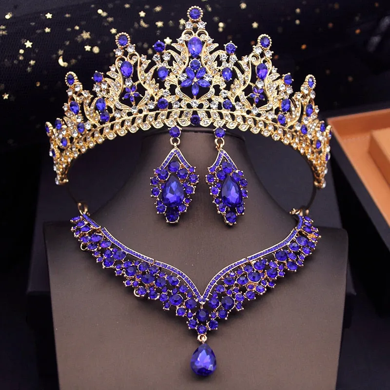 Fashion Colors Bridal Jewelry Sets With Tiaras Princess Wedding Crown Necklace Earrings Set Costume Accessories