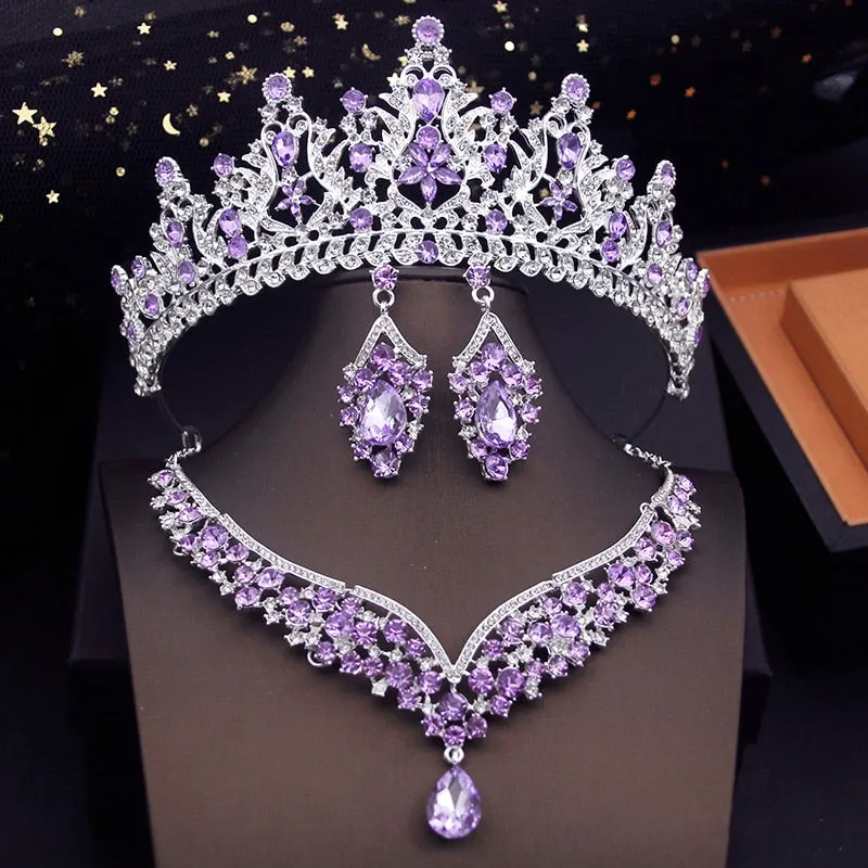 Fashion Colors Bridal Jewelry Sets With Tiaras Princess Wedding Crown Necklace Earrings Set Costume Accessories